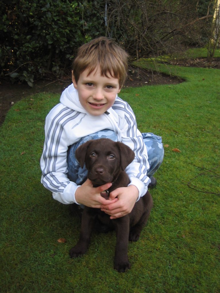 a child hugging a brown dog