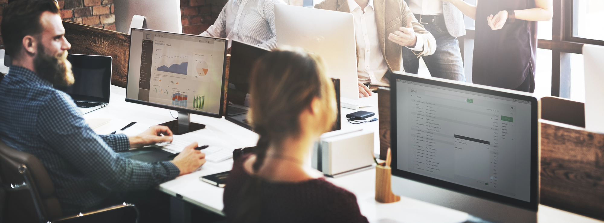 IT workers at workstation worker skills concept