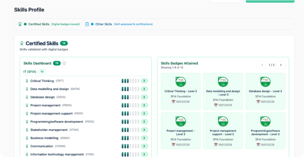Credentials aligned to SFIA, DigComp, and industry-recognized competency standards.