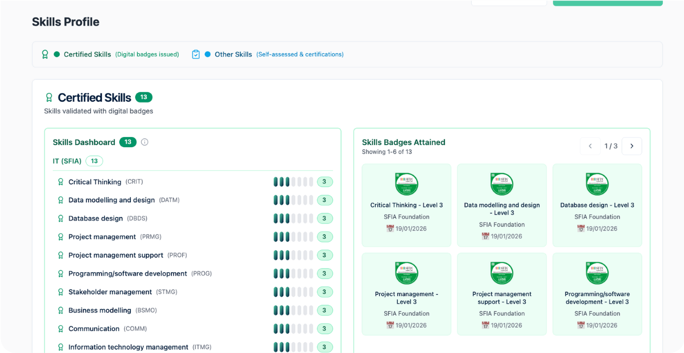 Credentials aligned to SFIA, DigComp, and industry-recognized competency standards.