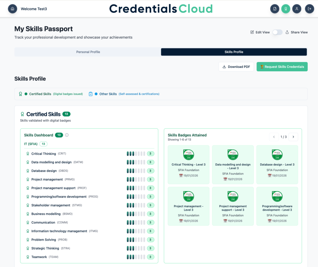 Personalized record store for skills attainment, project portfolios, and new skills recommendations. The passport is on an opt-in basis and is shared with major employers to support recruitment, lifelong learning, and work integrated learning.